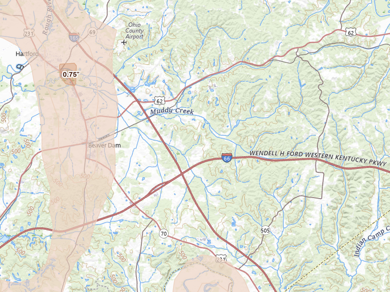 Radar-estimated hail-size map of the storm over Beaver Dam, KY on Jul 3, 2026
