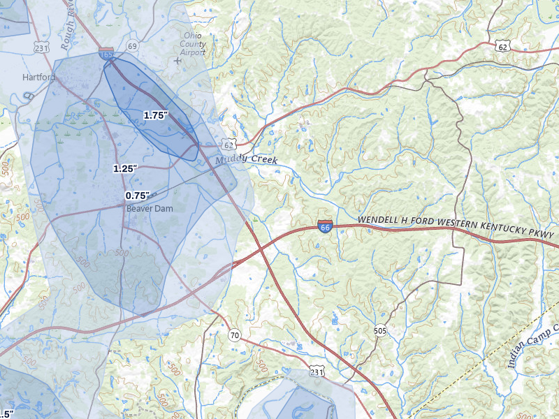 NEXRAD radar-signature map of the hail storm over Beaver Dam, KY on Jul 3, 2026