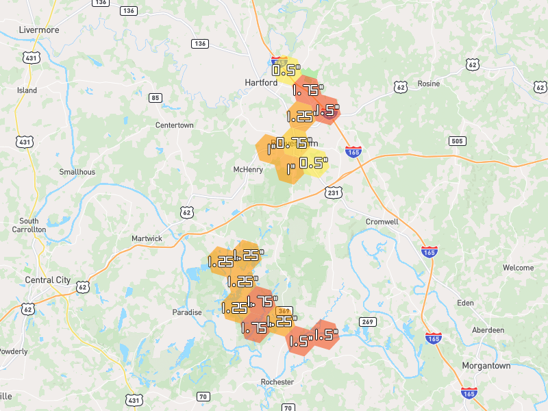 Hail map of Beaver Dam, KY on Jul 3, 2026, hail up to 1.75"