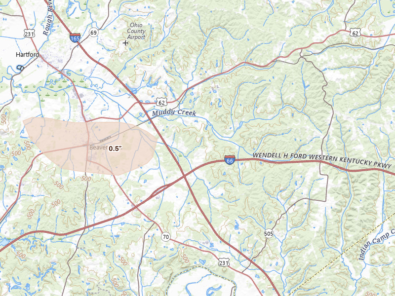 Radar-estimated hail-size map of the storm over Beaver Dam, KY on Jul 9, 2026