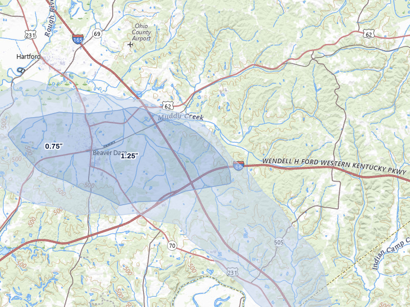 NEXRAD radar-signature map of the hail storm over Beaver Dam, KY on Jul 9, 2026
