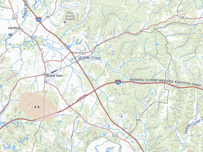 Radar-estimated hail-size map of the storm over Beaver Dam, KY on Jul 21, 2026