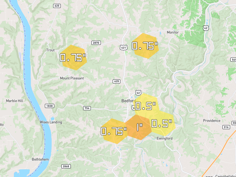 Hail map of Bedford, KY on Jul 28, 2026, hail up to 1"