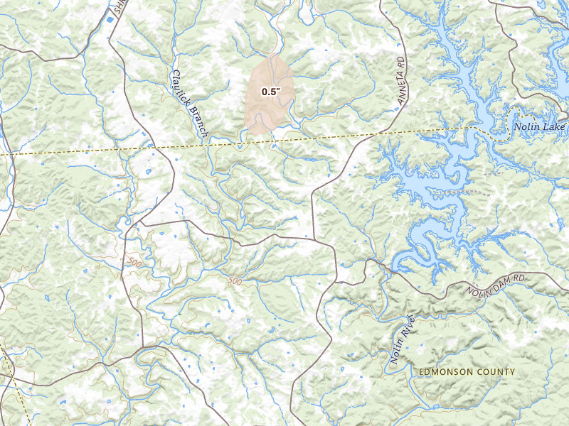 Radar-estimated hail-size map of the storm over Bee Spring, KY on Jul 9, 2026