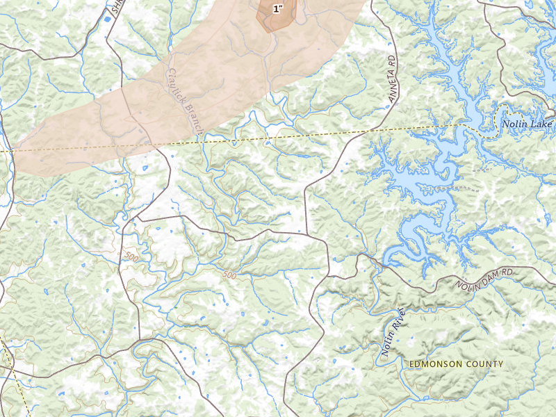 Radar-estimated hail-size map of the storm over Bee Spring, KY on Jul 11, 2026