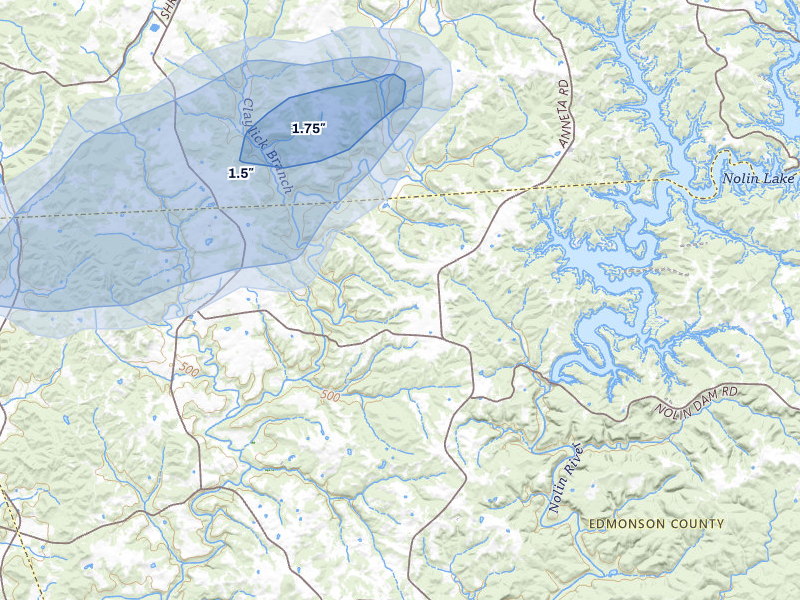 NEXRAD radar-signature map of the hail storm over Bee Spring, KY on Jul 11, 2026