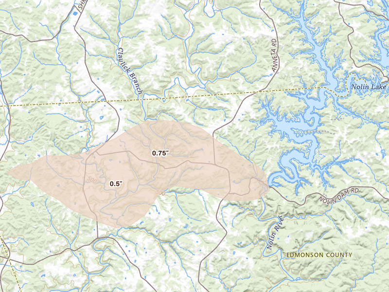 Radar-estimated hail-size map of the storm over Bee Spring, KY on Aug 12, 2026