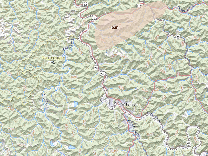 Radar-estimated hail-size map of the storm over Belfry, KY on Jul 4, 2026