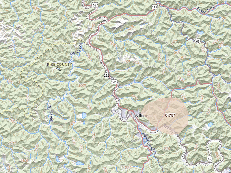 Radar-estimated hail-size map of the storm over Belfry, KY on Jul 6, 2026