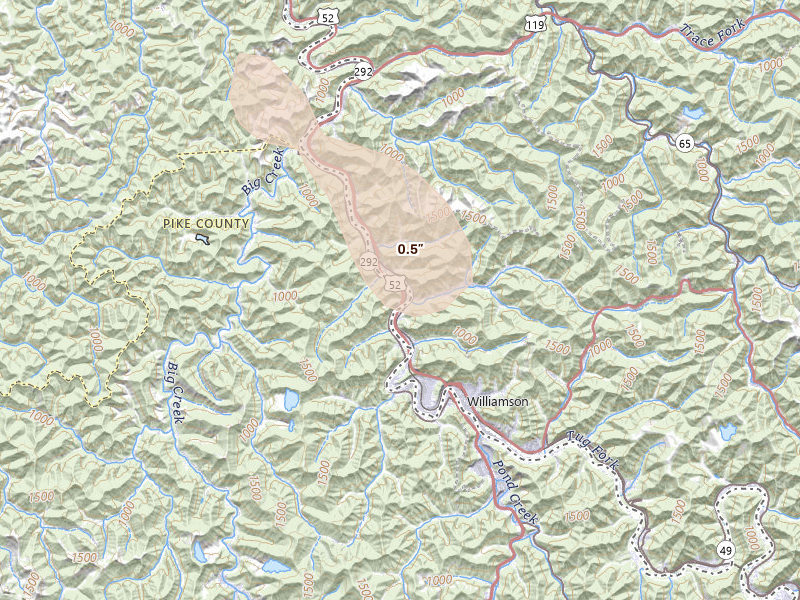 Radar-estimated hail-size map of the storm over Belfry, KY on Jul 28, 2026
