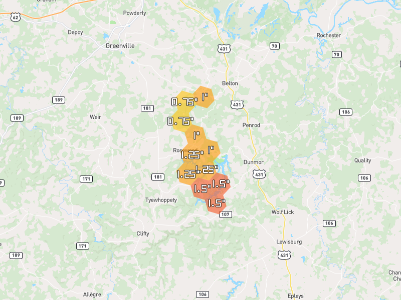 Hail map of Belton, KY on Jul 3, 2026, hail up to 1.5"