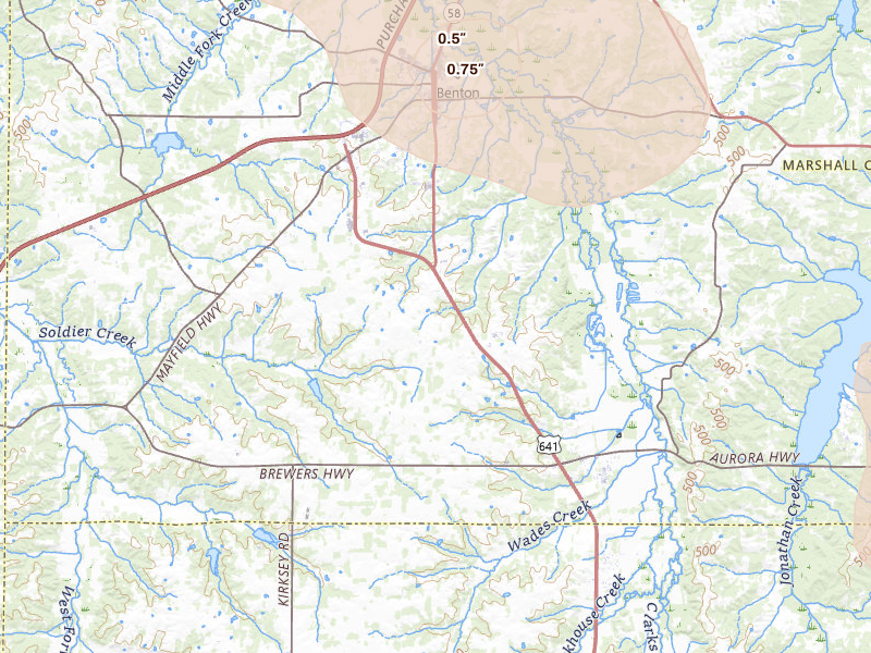 Radar-estimated hail-size map of the storm over Benton, KY on May 31, 2026