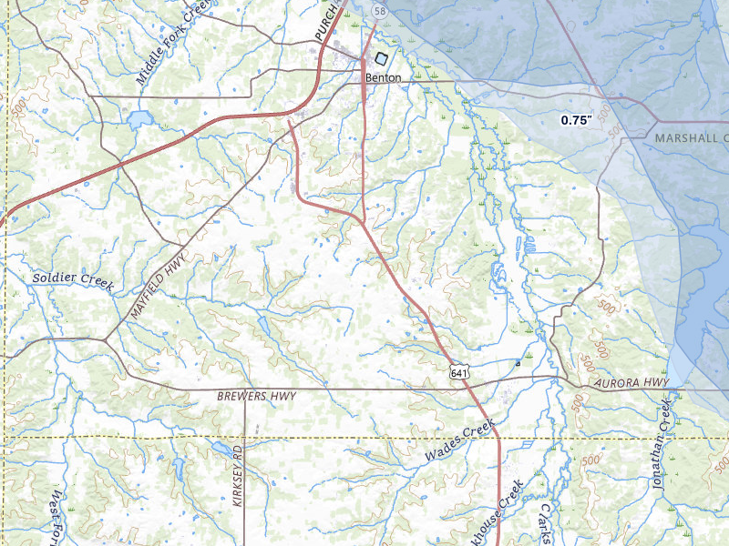 NEXRAD radar-signature map of the hail storm over Benton, KY on May 31, 2026