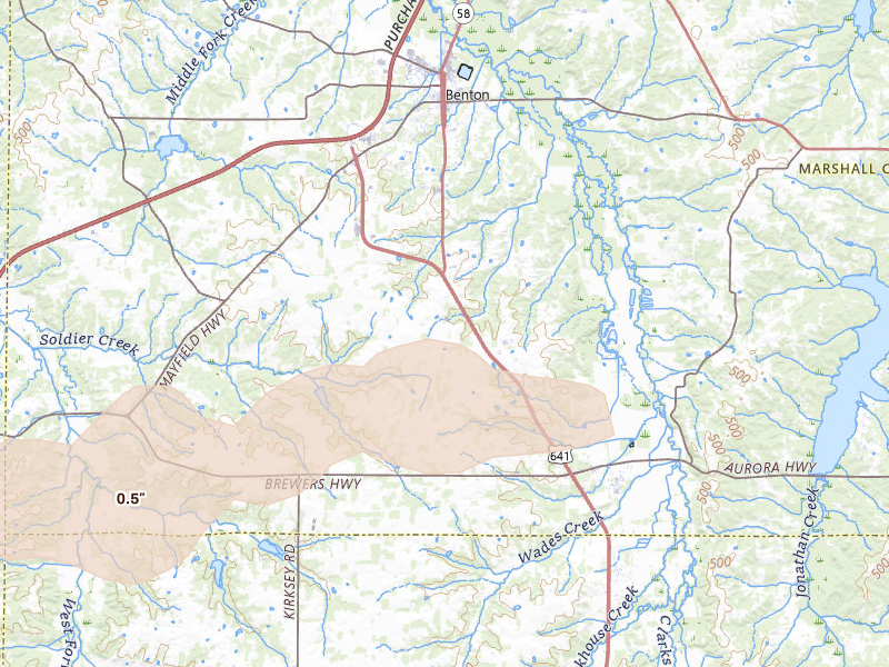 Radar-estimated hail-size map of the storm over Benton, KY on Jun 1, 2026