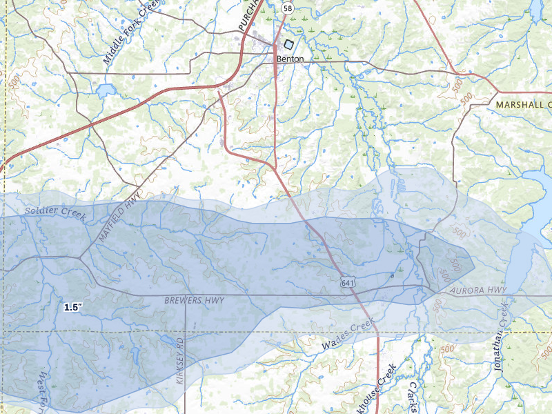 NEXRAD radar-signature map of the hail over Benton, KY