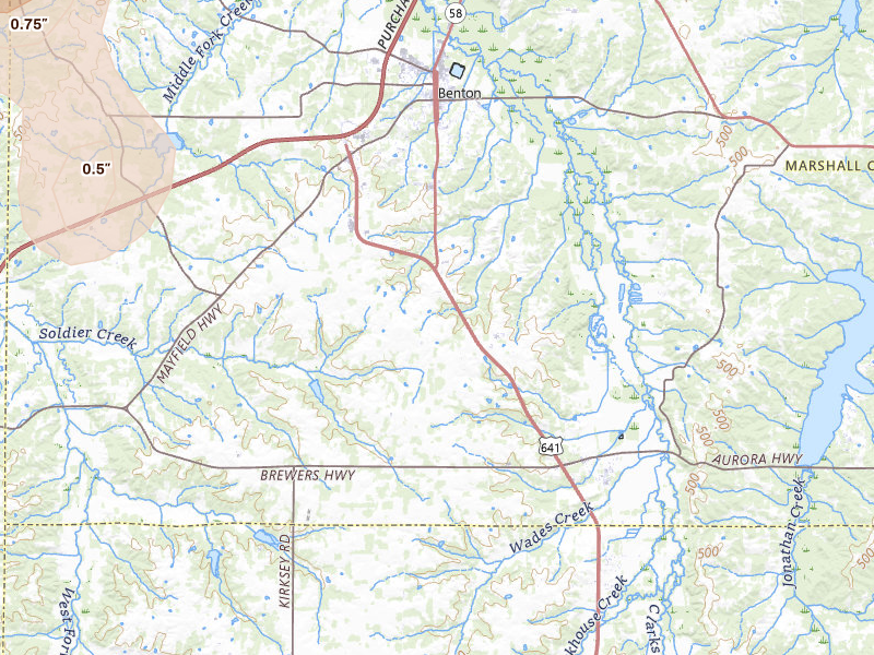 Radar-estimated hail-size map of the storm over Benton, KY on Jul 2, 2026