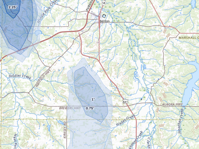 NEXRAD radar-signature map of the hail over Benton, KY