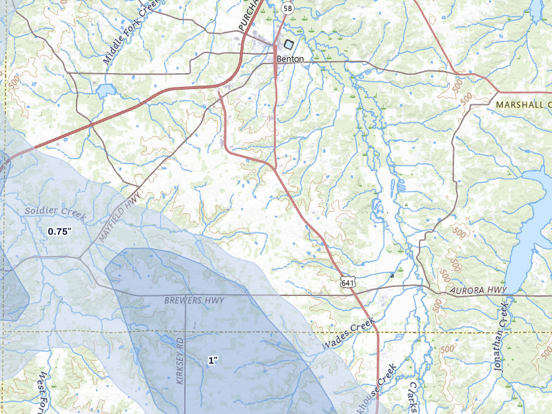 NEXRAD radar-signature map of the hail storm over Benton, KY on Jul 8, 2026