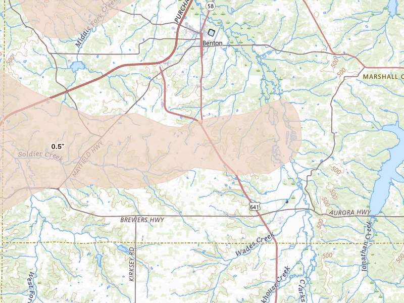 Radar-estimated hail-size map of the storm over Benton, KY on Jul 9, 2026