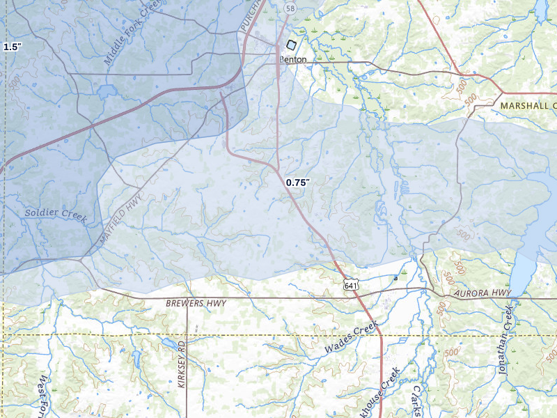 NEXRAD radar-signature map of the hail storm over Benton, KY on Jul 9, 2026