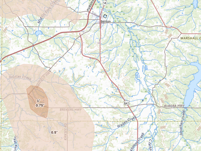 Radar-estimated hail-size map of the storm over Benton, KY on Jul 26, 2026