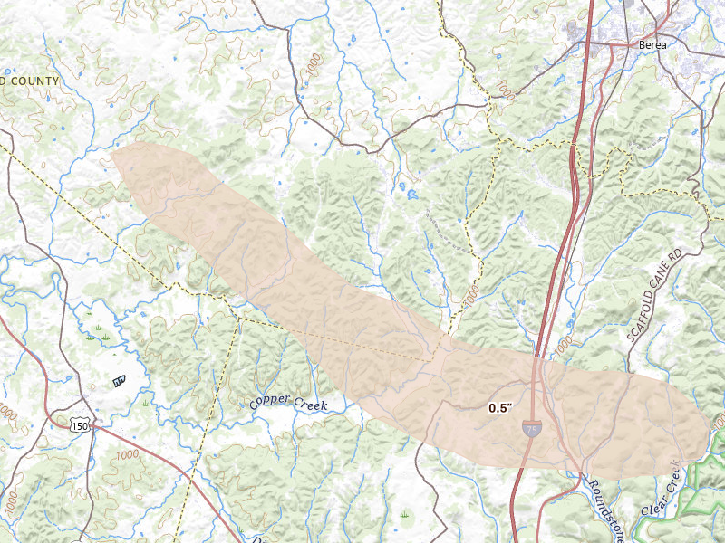 Radar-estimated hail-size map of the storm over Berea, KY on Aug 11, 2026