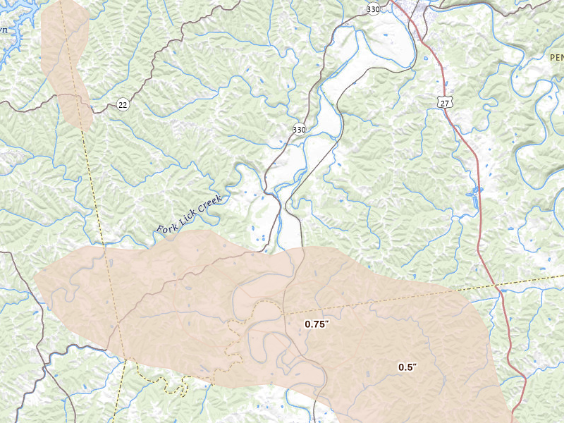 Radar-estimated hail-size map of the storm over Berry, KY on Aug 11, 2026
