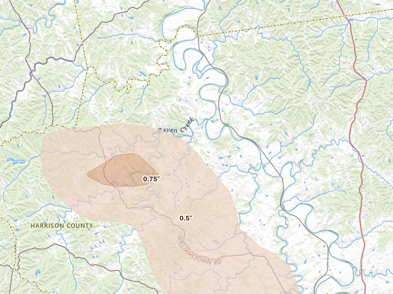 Radar-estimated hail-size map of the storm over Berry, KY on Aug 15, 2026