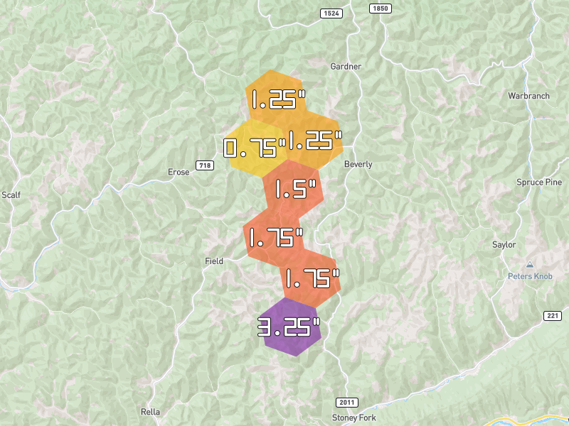 Hail map of Beverly, KY on Jul 4, 2026, hail up to 3.25"