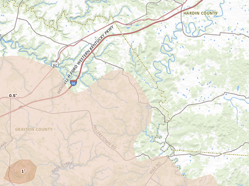 Radar-estimated hail-size map of the storm over Big Clifty, KY on Apr 27, 2026