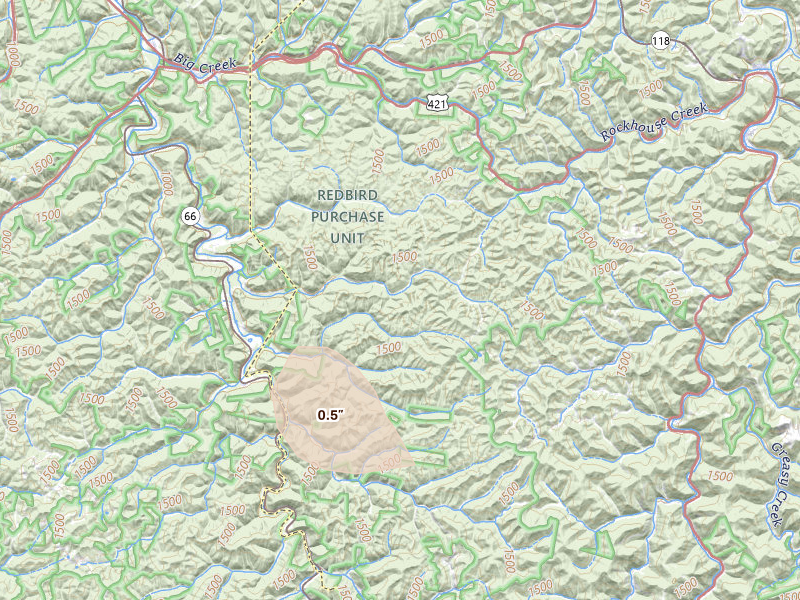 Radar-estimated hail-size map of the storm over Big Creek, KY on Aug 22, 2026