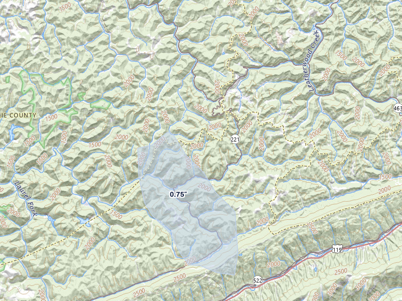NEXRAD radar-signature map of the hail storm over Big Laurel, KY on Jul 3, 2026
