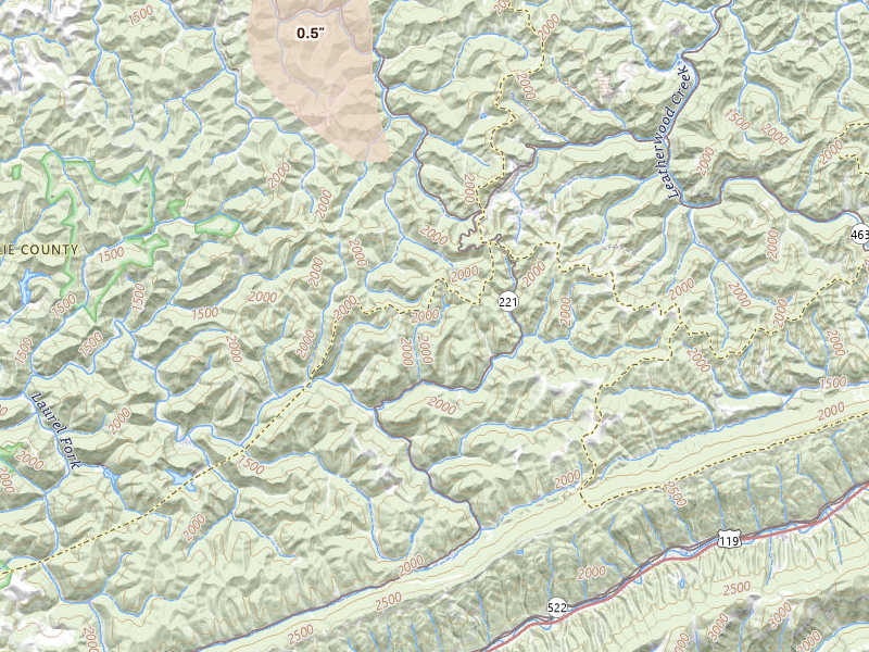 Radar-estimated hail-size map of the storm over Big Laurel, KY on Jul 28, 2026
