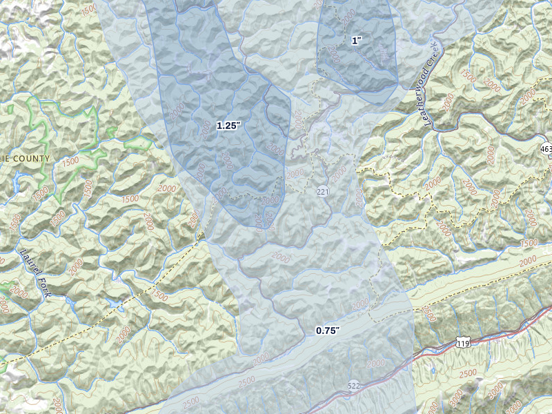 NEXRAD radar-signature map of the hail storm over Big Laurel, KY on Jul 28, 2026