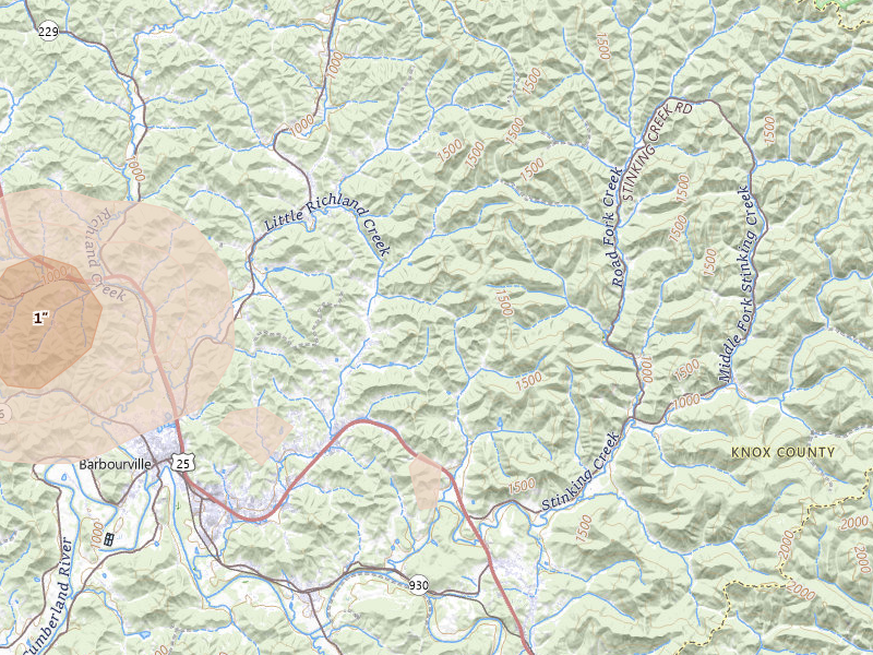 Radar-estimated hail-size map of the storm over Bimble, KY on Aug 11, 2026
