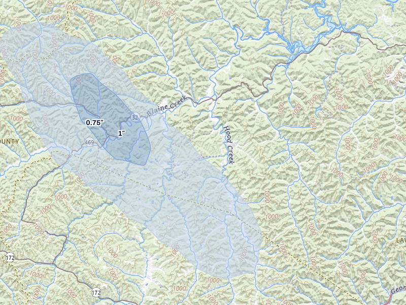 NEXRAD radar-signature map of the hail over Blaine, KY