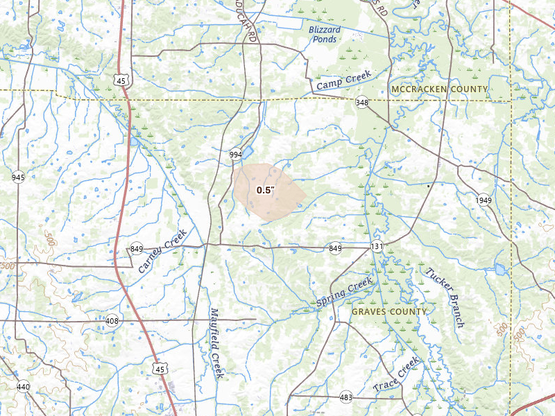 Radar-estimated hail-size map of the storm over Boaz, KY on Jun 1, 2026