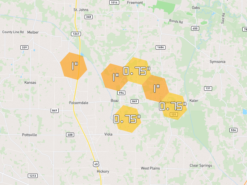 Hail map of Boaz, KY on Jun 1, 2026, hail up to 1"