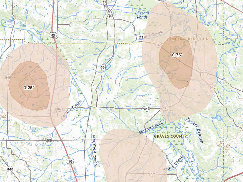Radar-estimated hail-size map of the storm over Boaz, KY on Jul 3, 2026