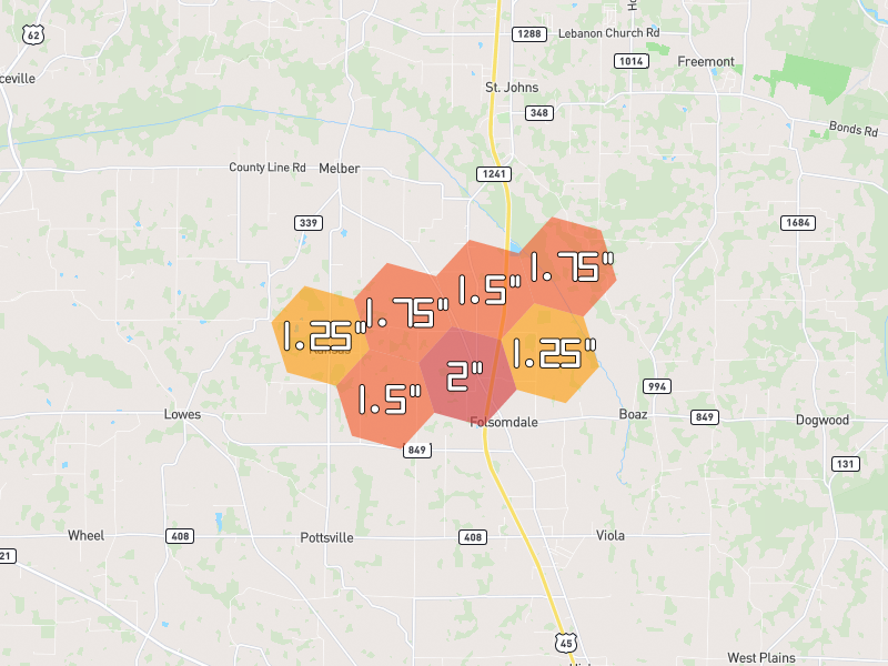 Hail map of Boaz, KY on Jul 3, 2026, hail up to 2"