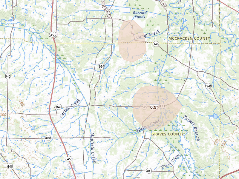 Radar-estimated hail-size map of the storm over Boaz, KY on Jul 8, 2026
