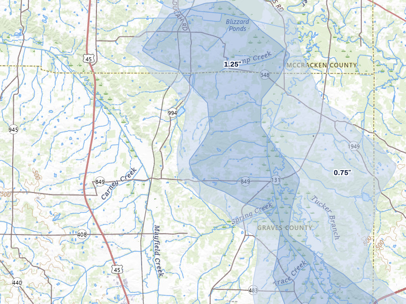 NEXRAD radar-signature map of the hail over Boaz, KY