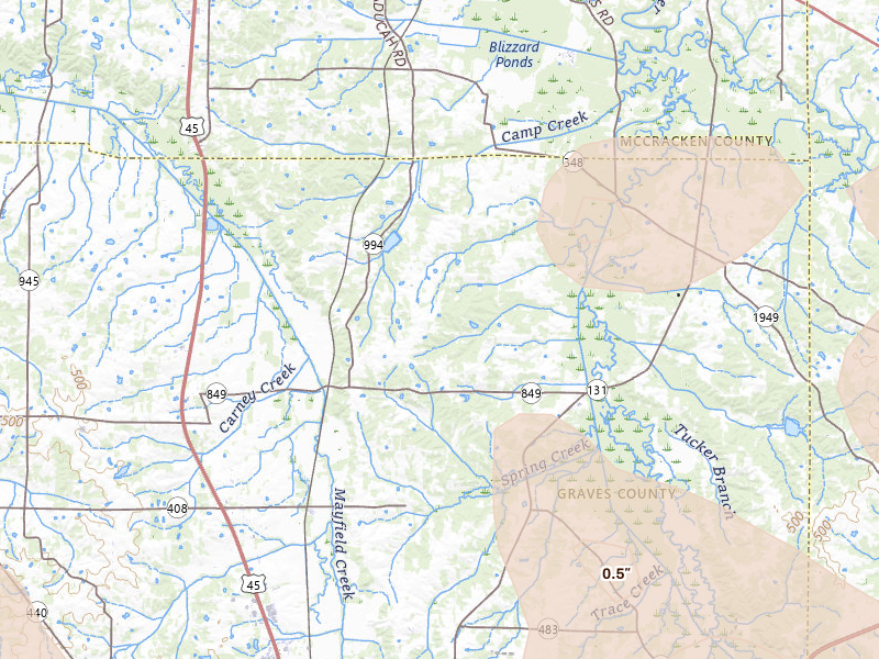 Radar-estimated hail-size map of the storm over Boaz, KY on Jul 9, 2026