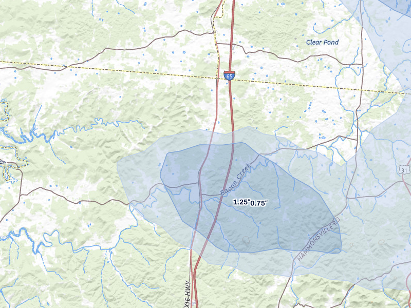 NEXRAD radar-signature map of the hail storm over Bonnieville, KY on Aug 11, 2026