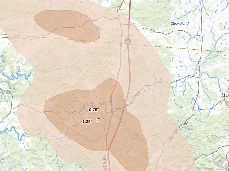 Radar-estimated hail-size map of the storm over Bonnieville, KY on Aug 22, 2026