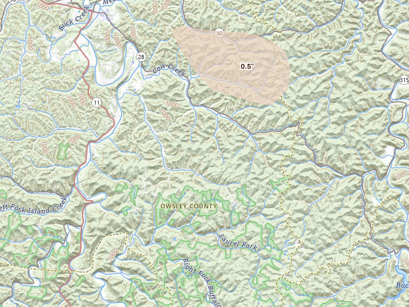 Radar-estimated hail-size map of the storm over Booneville, KY on Aug 22, 2026