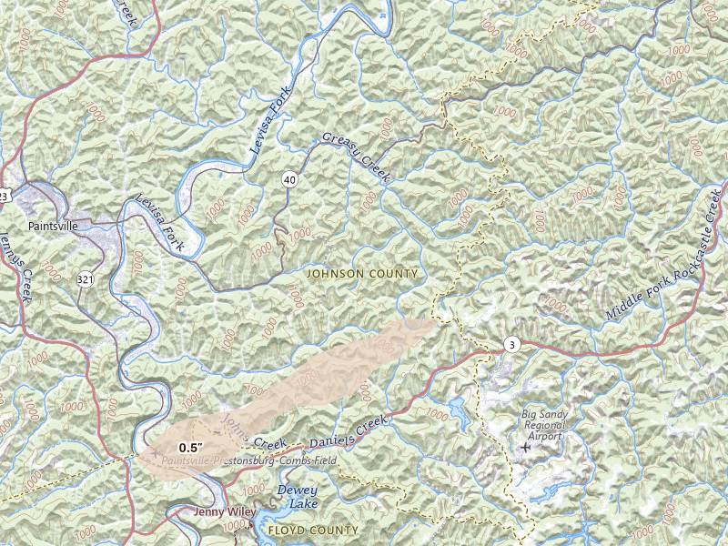 Radar-estimated hail-size map of the storm over Boons Camp, KY