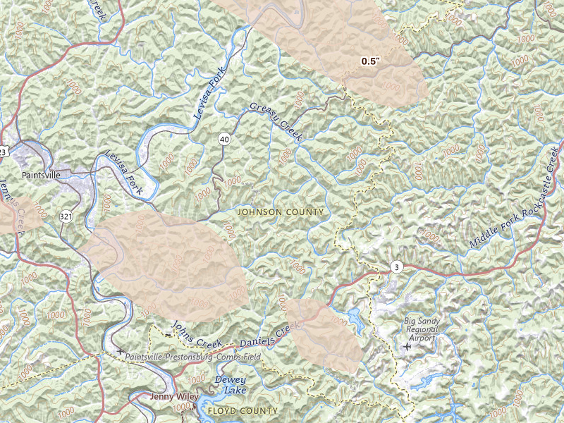 Radar-estimated hail-size map of the storm over Boons Camp, KY