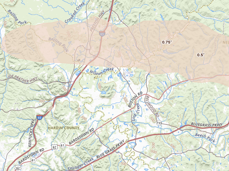 Radar-estimated hail-size map of the storm over Boston, KY