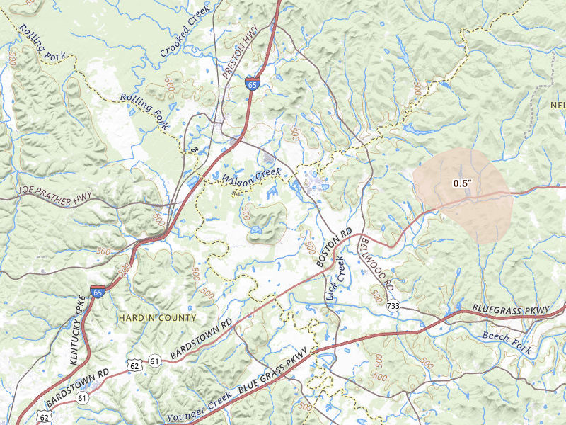Radar-estimated hail-size map of the storm over Boston, KY on Jul 21, 2026